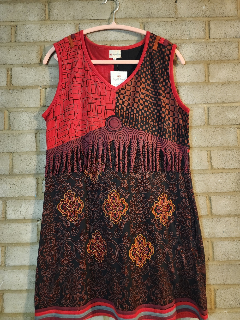 Mystic Lotus Boho Red & Black Embroidered Sleeveless Fringe Dress/Tunic